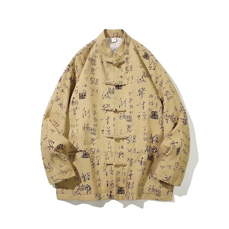 

New Chinese Sle Men's irt Tang Costume Stand Collar Embroidered Pattern Men's Button up Long Sve Outerwear Jaet