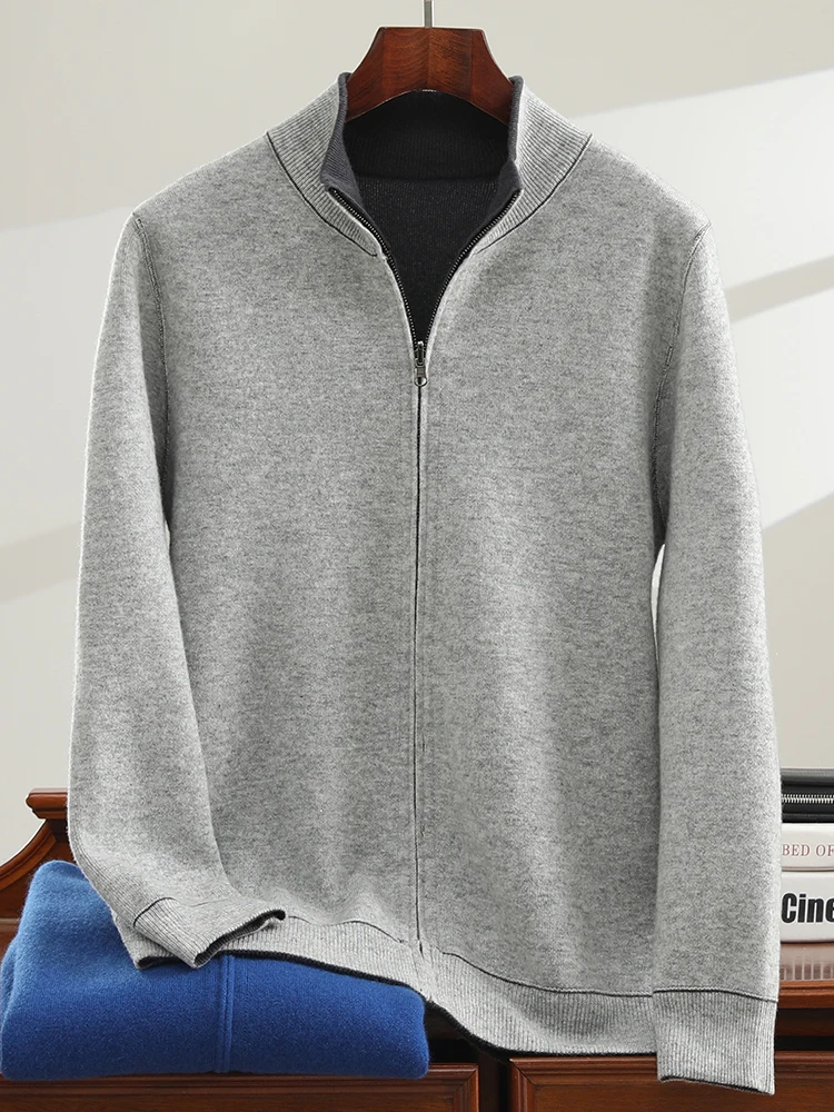 100% Merino Cashmere Men's Zipper Cardigan Stand Up Collar Casual Fashion Double-sided Autumn Winter Sweater