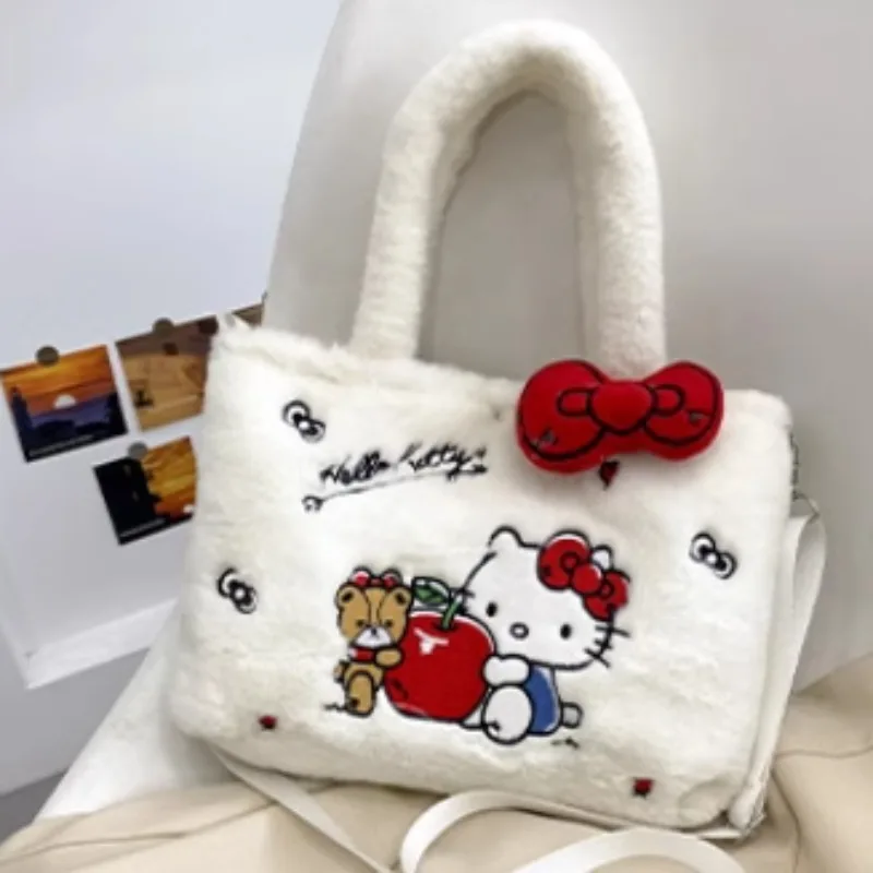 

MINISO Hello Kitty Plush Shoulder Bag Kawaii Cute Cartoon Anime Handbag Storage Bag Women Girl Gift Travel Storage Bags