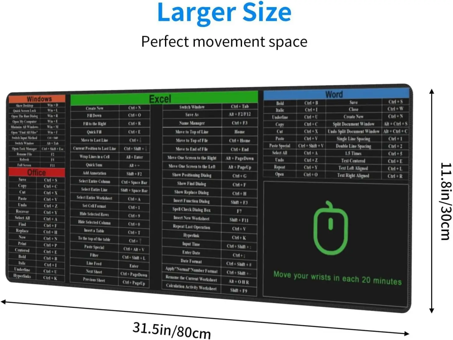 엑셀 단축키 마우스 패드-컴퓨터 워드 아웃룩 명령 프롬프트, 확장 대형 치트 시트 마우스 패드, PC 사무실 키보드 매트