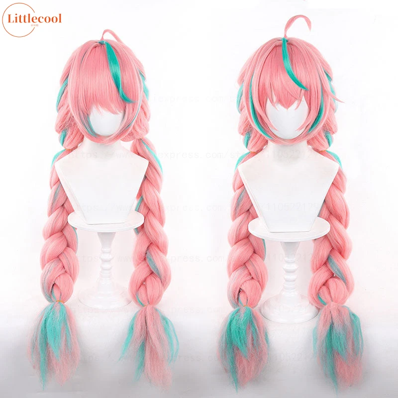 

High Quality Varesa Cosplay Wig 100cm Long Braided Pink Green Mixed Heat Resistant Synthetic Hair Anime Cosplay Wigs + Wig Cap