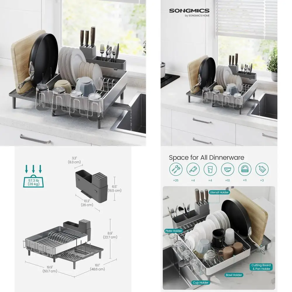 Estante extensible para platos de cocina de acero inoxidable con boquilla giratoria, utensilios, tazas, vidrio y soportes para tabla de cortar, plateado y Gra
