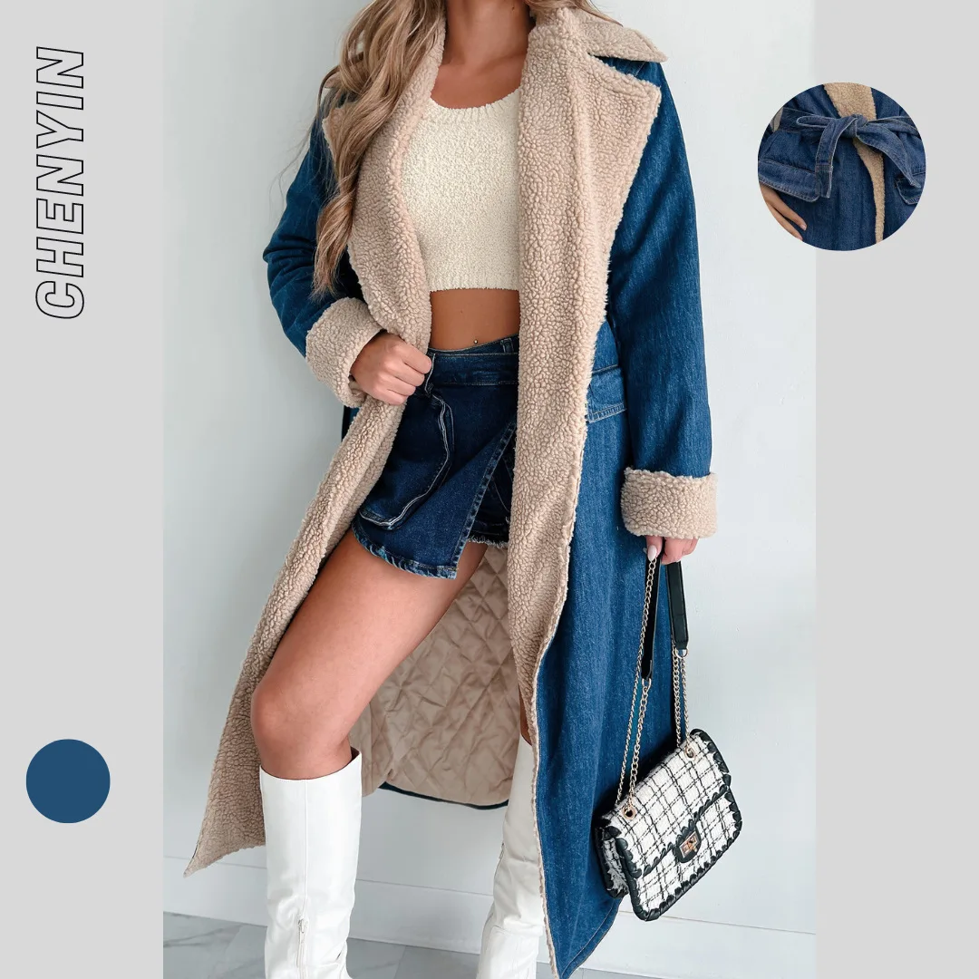 

Fashionable Coat Sherpa Fleece Denim Coat Belted Oversized GenerouslyPocketed Trench Quilted Insulated CozyLined Overcoat
