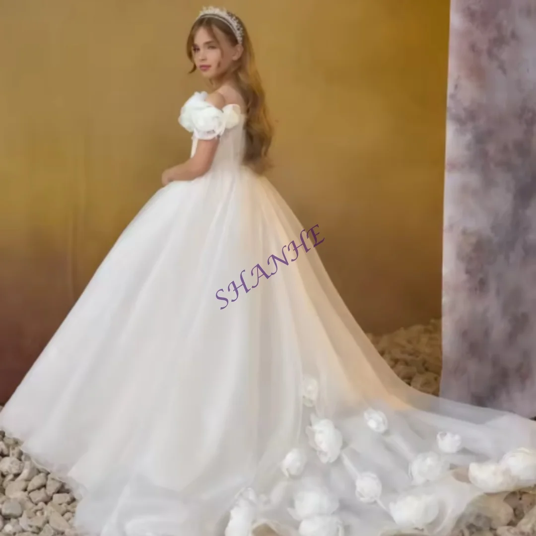맞춤형 소녀 공주 드레스 오프 숄더 플로럴 장식 튤 볼 가운 트레인 포함 공식 파티 행사용