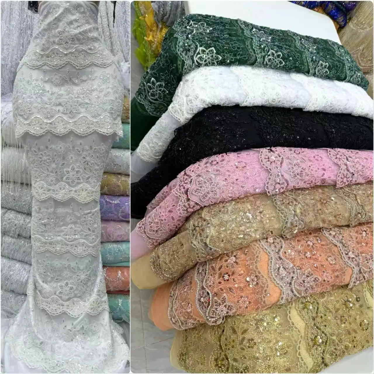African Beaded Lace Fabric High-Quality Nigerian Sequined Wedding Dress Material Suitable for Sewing Elegant Dress Bridal Gowns