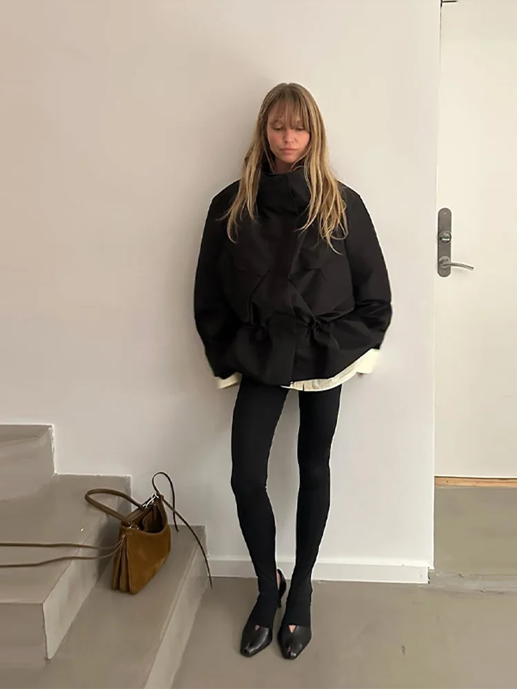 Stehkragen Langarm Oversize-Jacken für Damen Streetwear Große Taschen Kordelzug Taillenschnürung Schlanke Mäntel Frühling Damen-Oberbekleidung – Detail 17