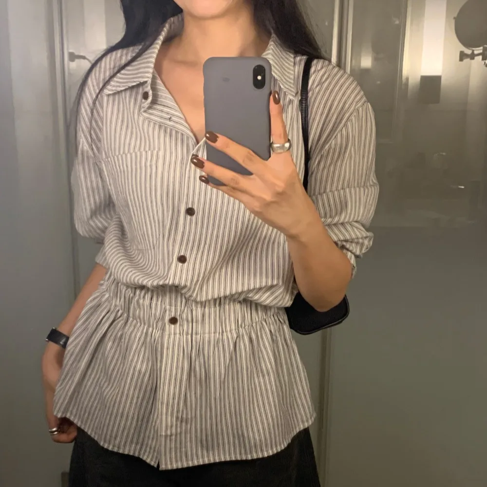 Top Casual a Righe da Donna con Maniche Lunghe, Bottone Singolo, Colletto Rovesciato e Vita Elasticizzata, Design Primaverile per il Tempo Libero