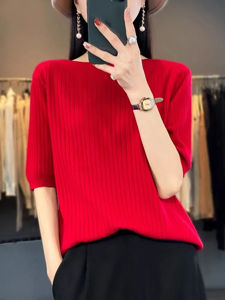 Women Sweater Spring Autumn Warm Bottiming Shirts Korean Fashion Slash Neck Half Sleeve Pullovers Slim Fit Casual Warm Knitwears