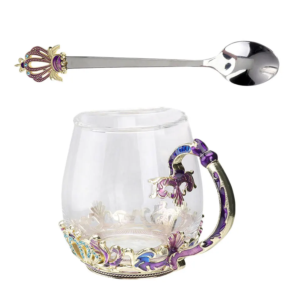 

Milk Cup Enamel Painted Glass Cup Assorted Color Spoon Ergonomic Design Tea Coffee Milk Beverage Tea Mug Coffee Holder