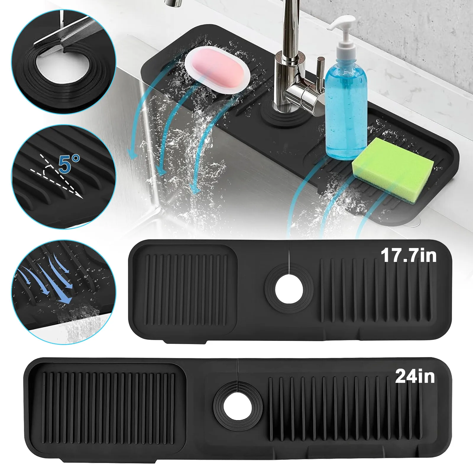 

Kitchen Sink Splash Guard Silicone Faucet Handle Drip Catcher Tray 18/24inch Mat