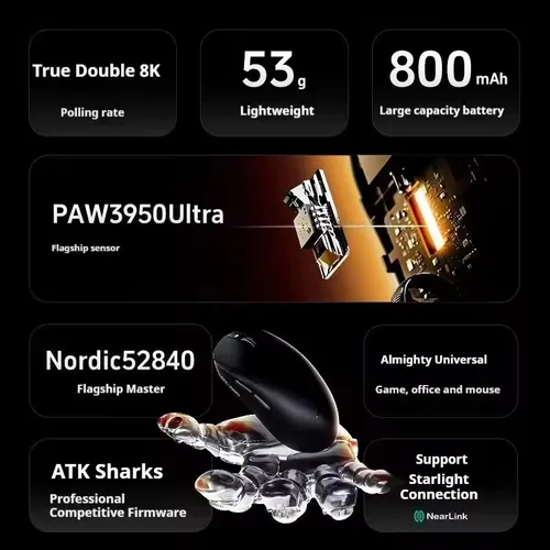 Imagen 2 del producto Ratón inalámbrico ATK Dragonfly serie A9, modo Tri PAW3950 Nordic52840, 8K, 53g, ligero, personalizado, para ordenador portátil, Gamer, PC, Gaming