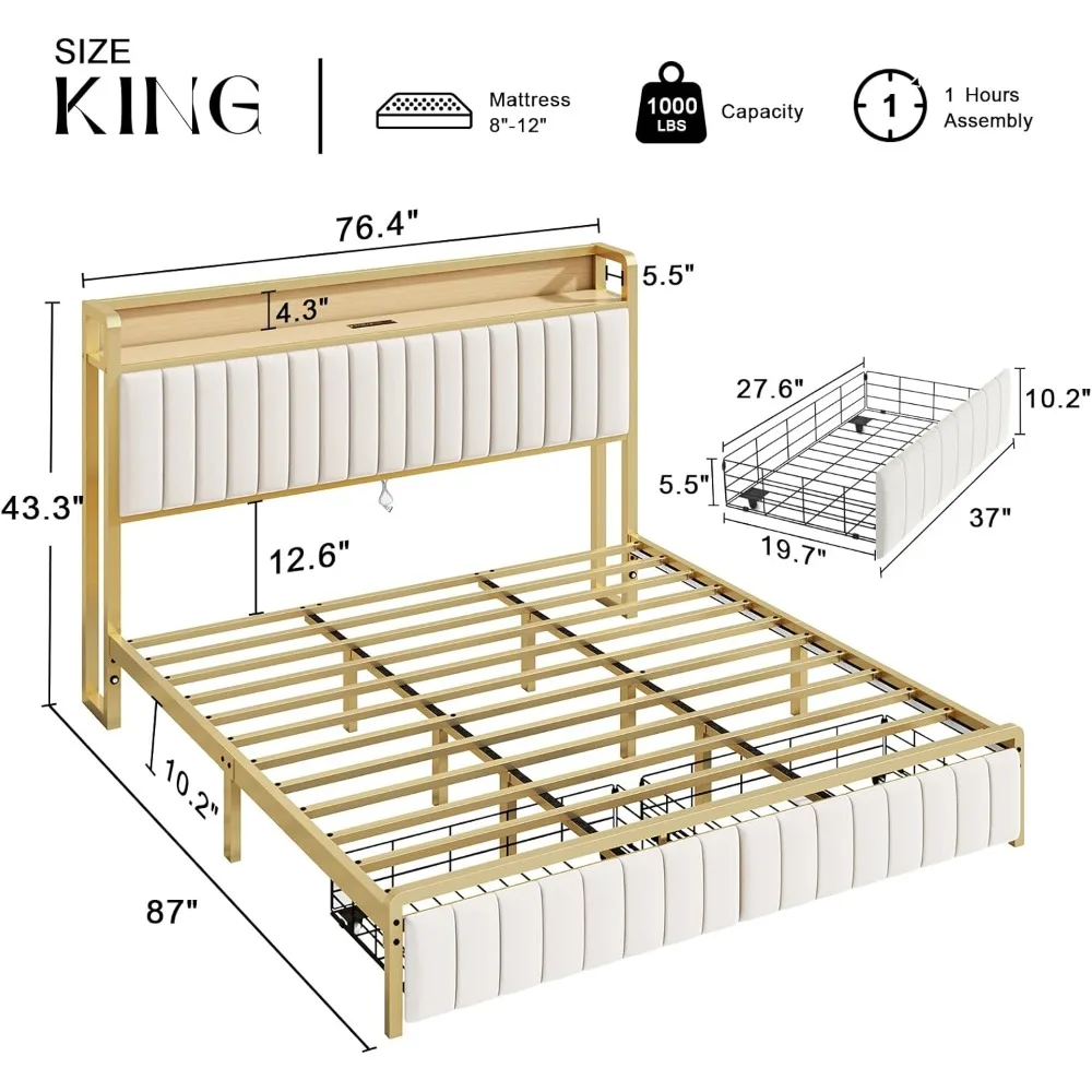 King Size Bed Frame with Motion Activated Light, LED Platform Bed with 2 Drawers and Storage Headboard, Bed Frame