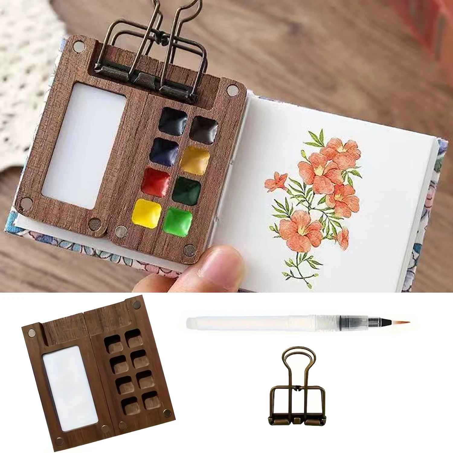 Professionelles Pocket Artist Aquarell-Set – 9-teilige magnetische Palettenschachtel aus Holz (8 oder 15 Gitter) mit 6 Pinseln, Clip und Skizzenbuch – Detail 4