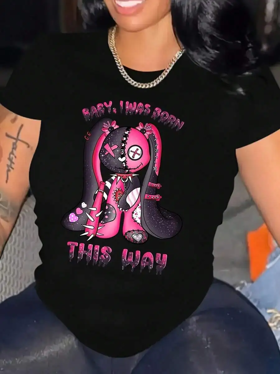 

Womens 100% Cotton Graphic Tee With Punk Cartoon Print Crew Neck Casual Top
