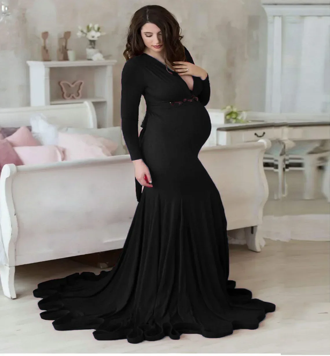 

New Maternity Photography Bodysuit Dress Outfit Pregnant Women Robe Shooting Photo Lace Bodysuit Long sleeve photography dress