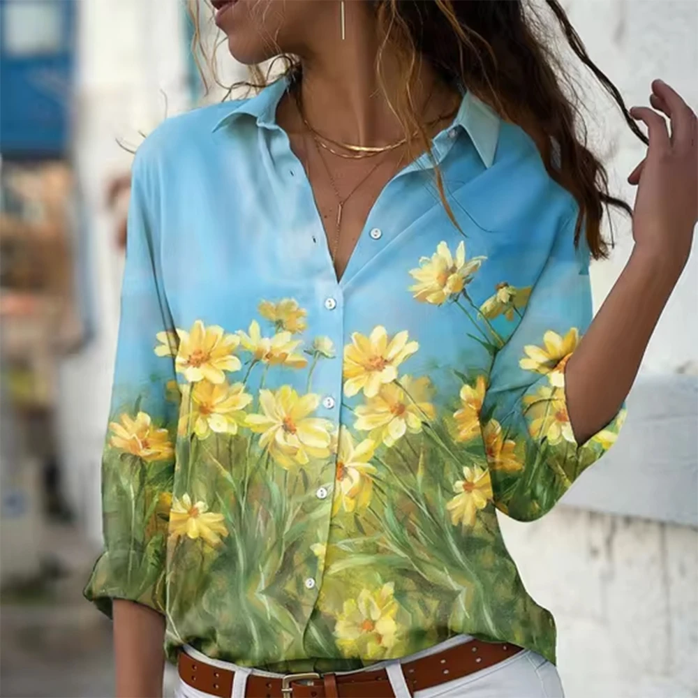 

New Fashion Loose Shirt Women Elegant Long Sleeve Single Breasted Shirt Versatile Shirt Flower Printed Top Casual Blouse Holiday