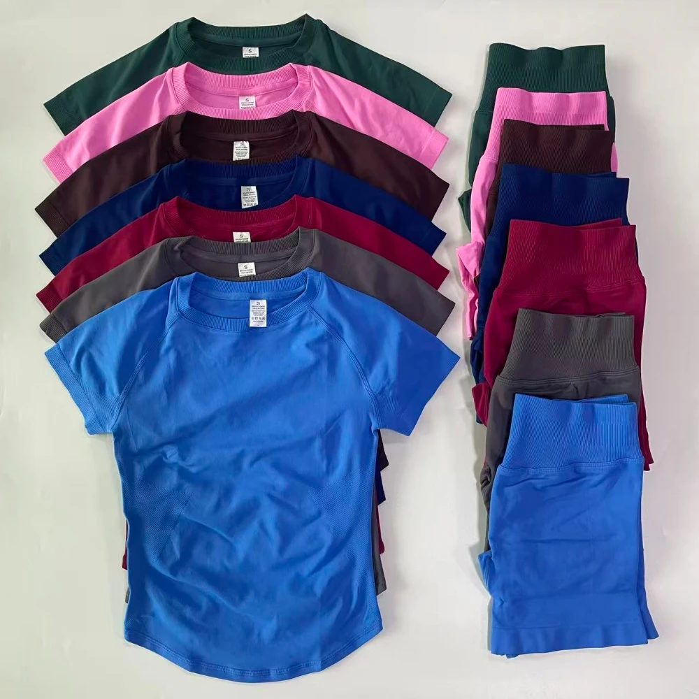 2 Piece Sets Women Outfit Longline Short Sleeve Gym Crop Top High Waist Workout Shorts Sports Suit F