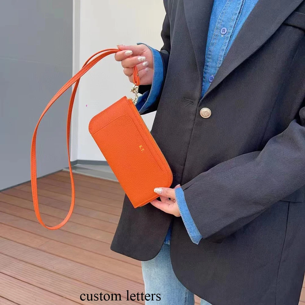 Luxus Frauen Telefon Brieftasche benutzer definierte Buchstaben Name Echt leder Reiß verschluss Mini Umhängetasche brandneues Design lange weibliche Clutch Geldbörse