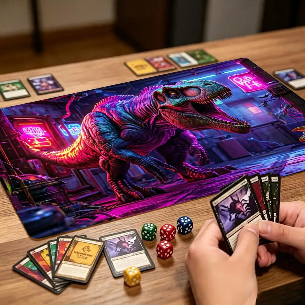 TCG Tabletop Playmat Colorful Neon Dinosaur Cyberpunk Print Large Non Slip RubberPad Smooth Cloth For Trading Card Table Battles