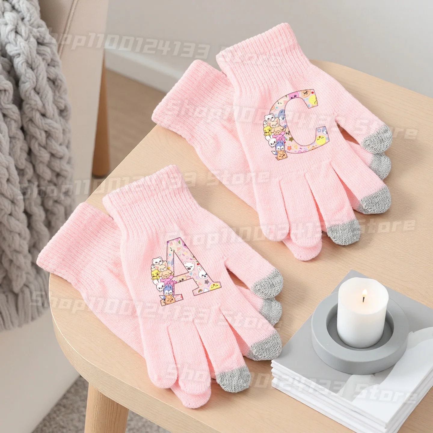 

Skzooo Woman Glove Stray Kids Cute Letters A-Z Anime Print Girl Y2K Kawaii Game Casual Street Outdoor Finger Warm Knitted Glove