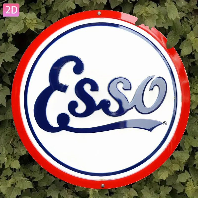 2D Flat, Vintage Esso Gasoline Pump Sign - Aluminum Retro Metal Wall Decor with Red & Blue Logo, Weather-Resistant Automotive Ga