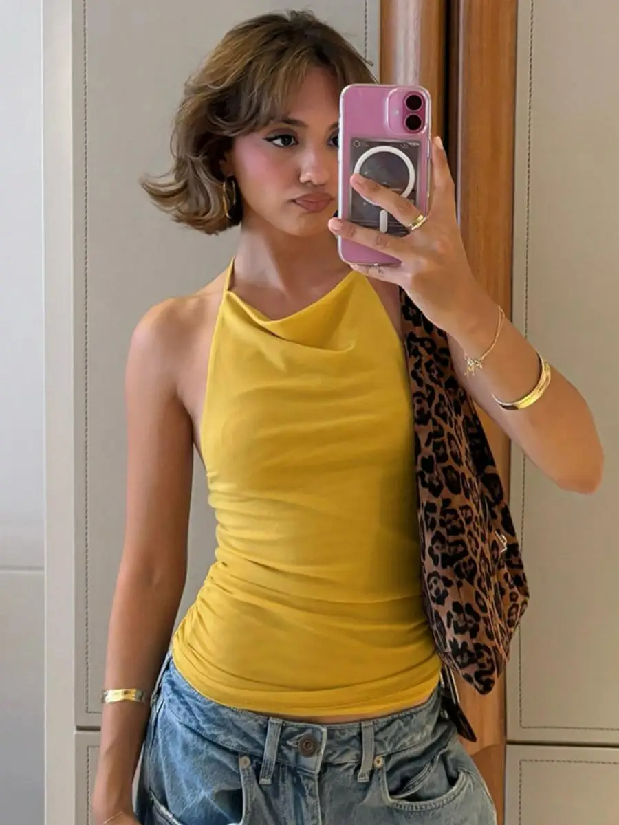 セクシーな背中の開いたメッシュトップ女性の Tシャツピュアカラー春夏ファッショナブルなノースリーブショート丈パッチワークデザインポリエステル生地