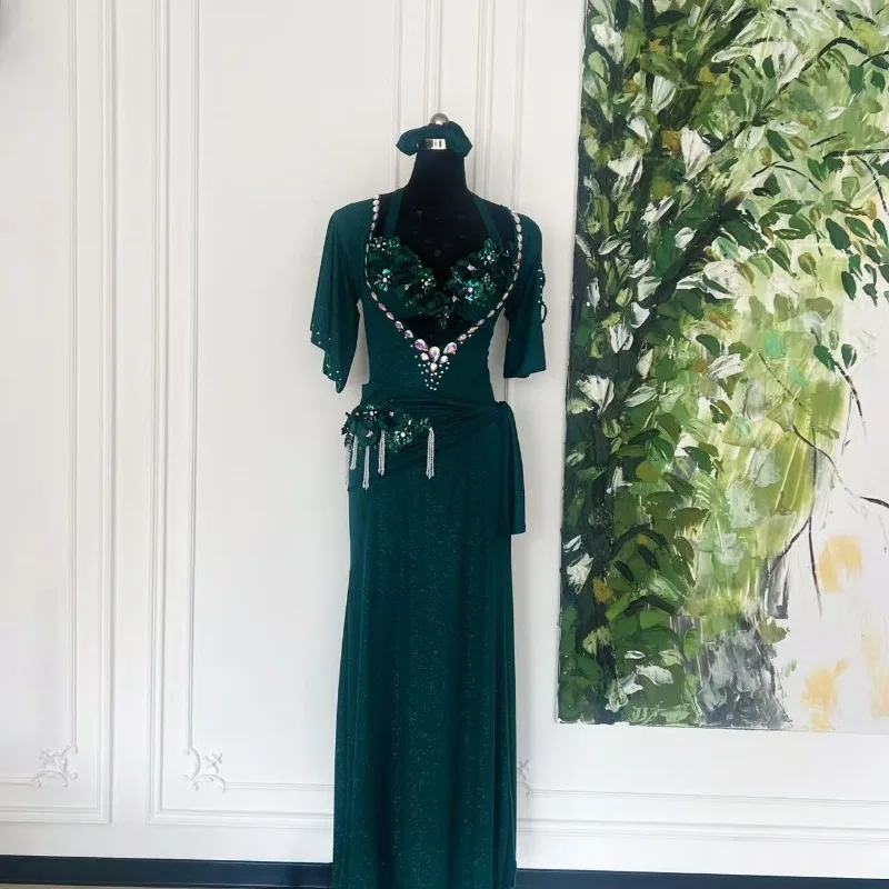 

Индивидуальное восточное платье для танца живота для женщин и взрослых, египетское индийское длинное платье, халат, продвинутый зеленый бюстгальтер, халат, пояс, повязка для волос, 4 шт.