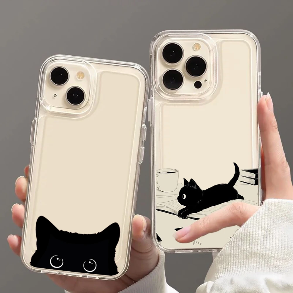 Lustige Cartoon-schwarze Katzen-Handyhülle für iPhone 17, 16, 15, 14, 13, 12, 11, Pro Max, Mini SE 7 Plus, luftstoßfeste, weiche, transparente Abdeckung