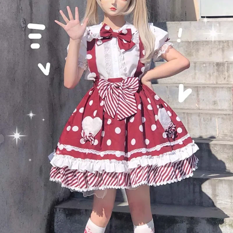 Süße jsk lolita kleid sommer neue japanische bogen punkte rüschen baby puppe spaghetti träger kleider frauen mode kawaii süße kleidung