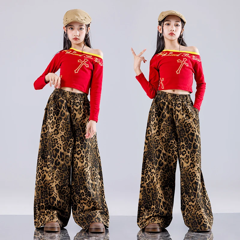 Girls Hip Hop Outfits Crop Off Shoulder Cargo leopard Jeans Kids Denim Pants Street Dance Clothes Sets Children K-pop Costumes