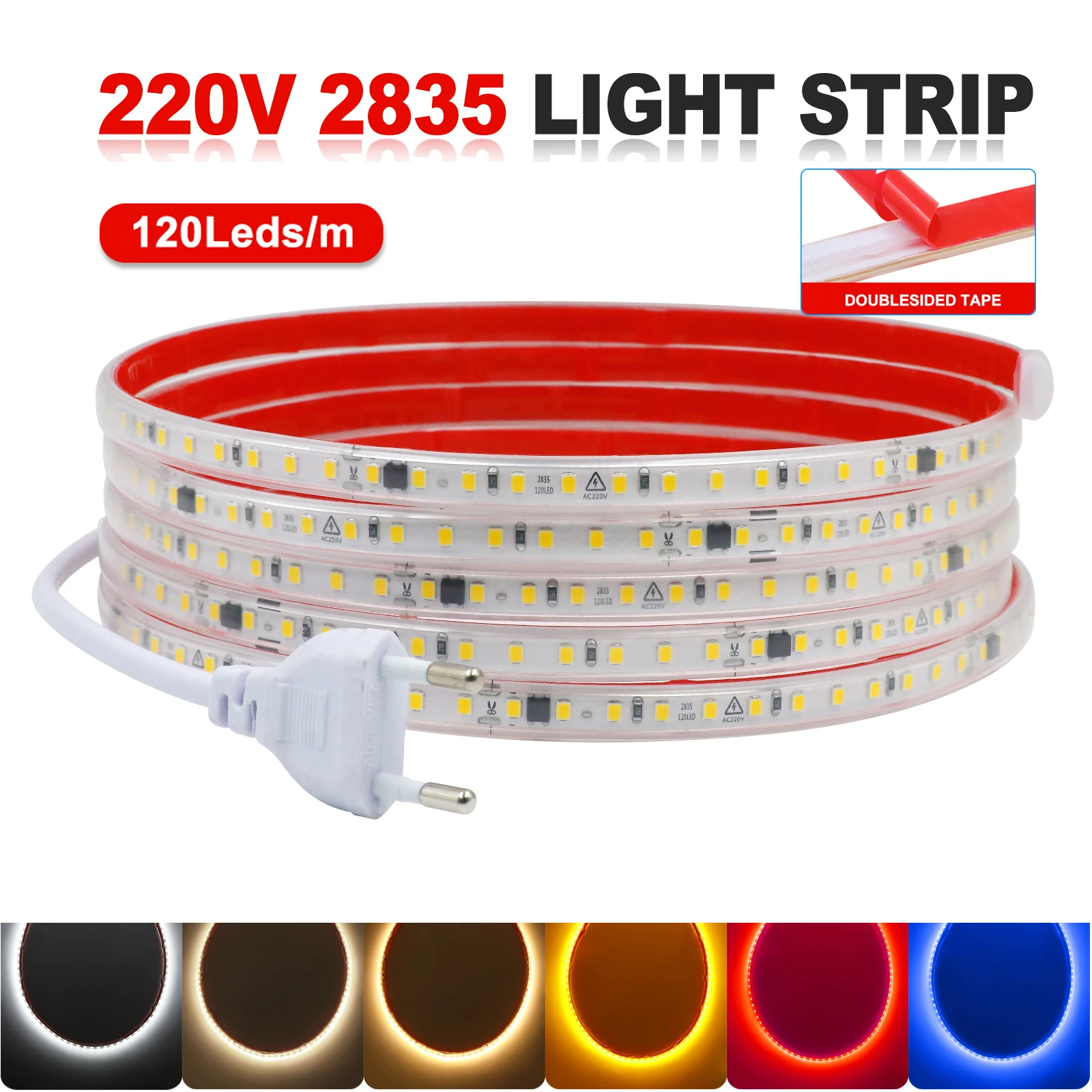 220V LED Strip Light EU Plug UK Plug 2835 120LEDs/m Waterproof Lamp Adhesive Flexible Tape Warm Natural White Red Blue Yellow