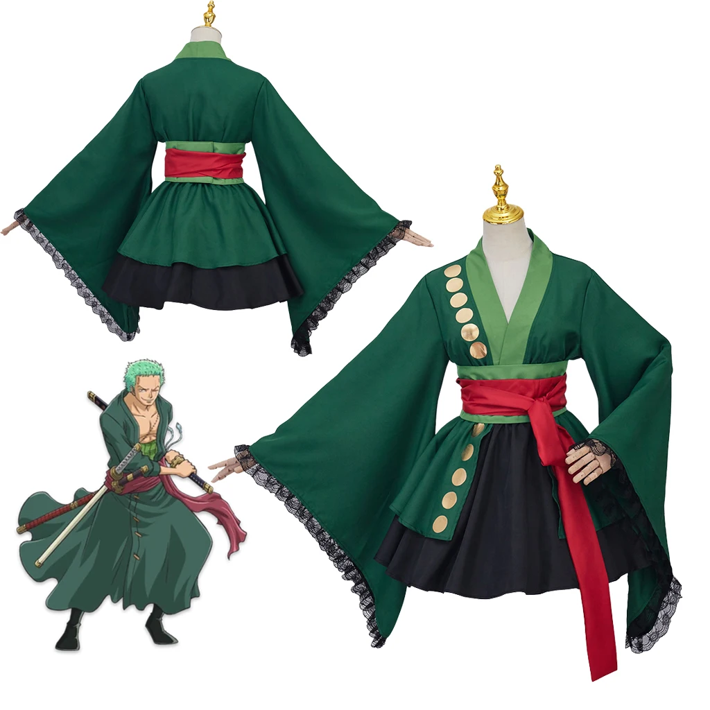 Women Roronoa Cosplay Zoro Female Costume Kimono Dress Set Anime Cosplay Green Kimono Dress For Women Halloween Set