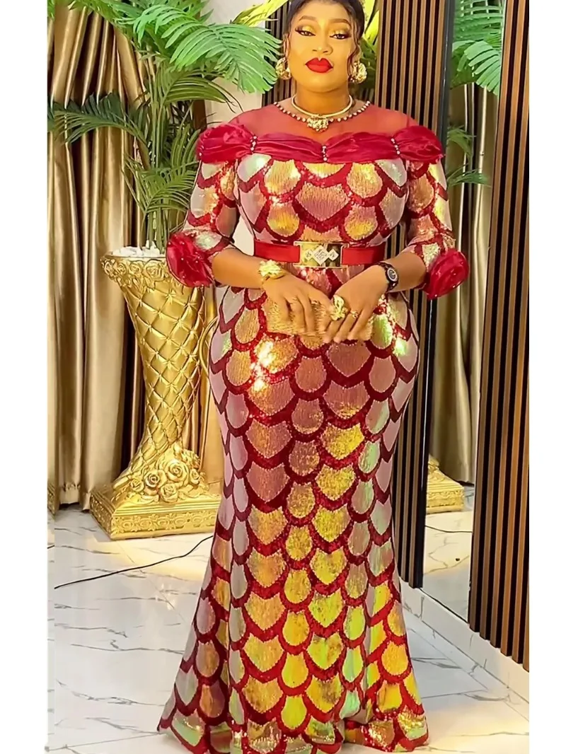 African Dresses for Women 2025 New Fashion Plus Size Sequin Evening Party Long Dress Dashiki Ankara Outfits Robe African Clothes