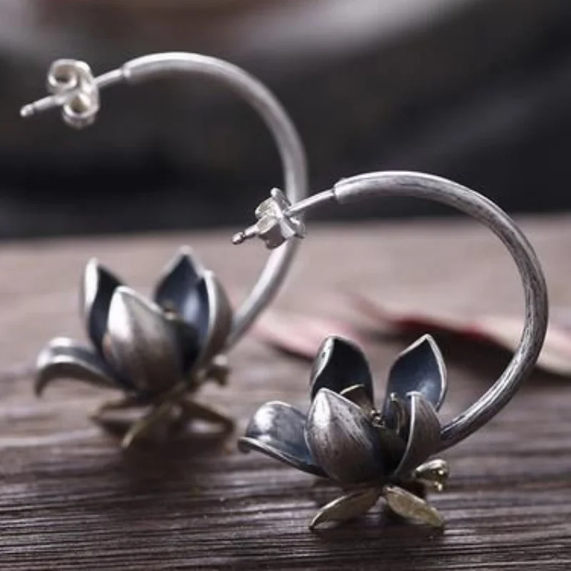 Ladies' Hanging Silver Plated Lotus Shape Earring Vintage Forest Style Casual Dangle Earrings Fashion Jewelry Accessory