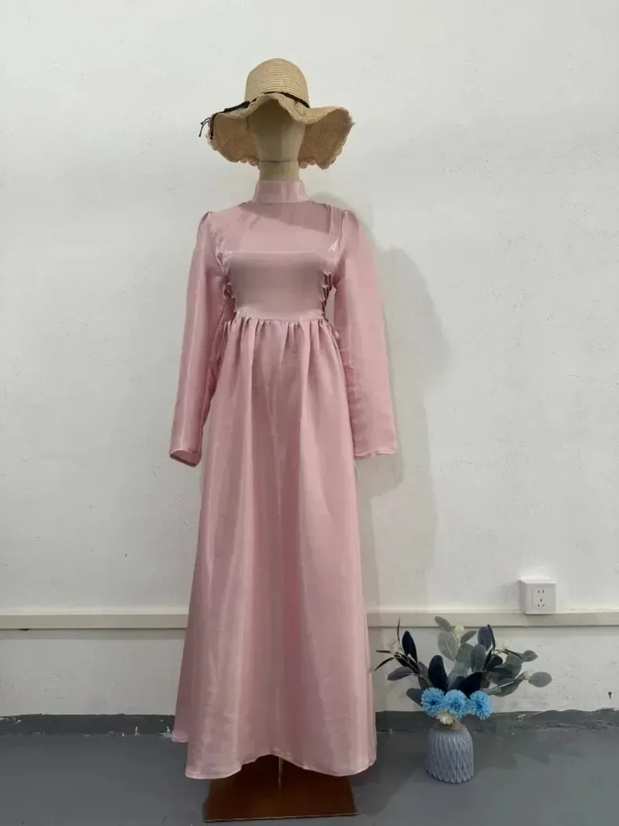 Eid Muslim Party Dress for Women Ramadan High Neck Long Dress Belt Morocco Vestidos Largos Dubai Turkey Robe Jalabiya 2024