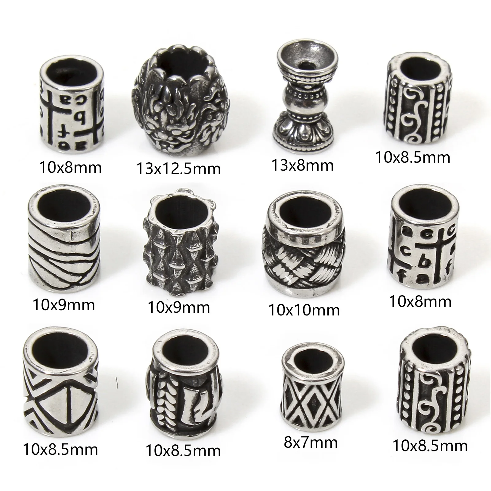 2 Pcs Vintage Cylindrical Beads 304 Stainless Steel Antique Silver Color Beads For Diy Charm Jewelry Making