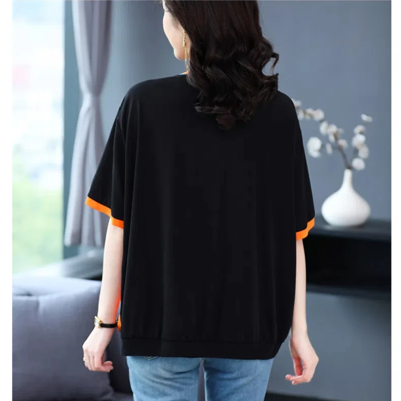 Koreanische Mode Sommer T-Shirts Frauen Kleidung O-Ausschnitt Eis Seide Kontrast farbe Diamanten lässig vielseitig lose Kurzarm Tops