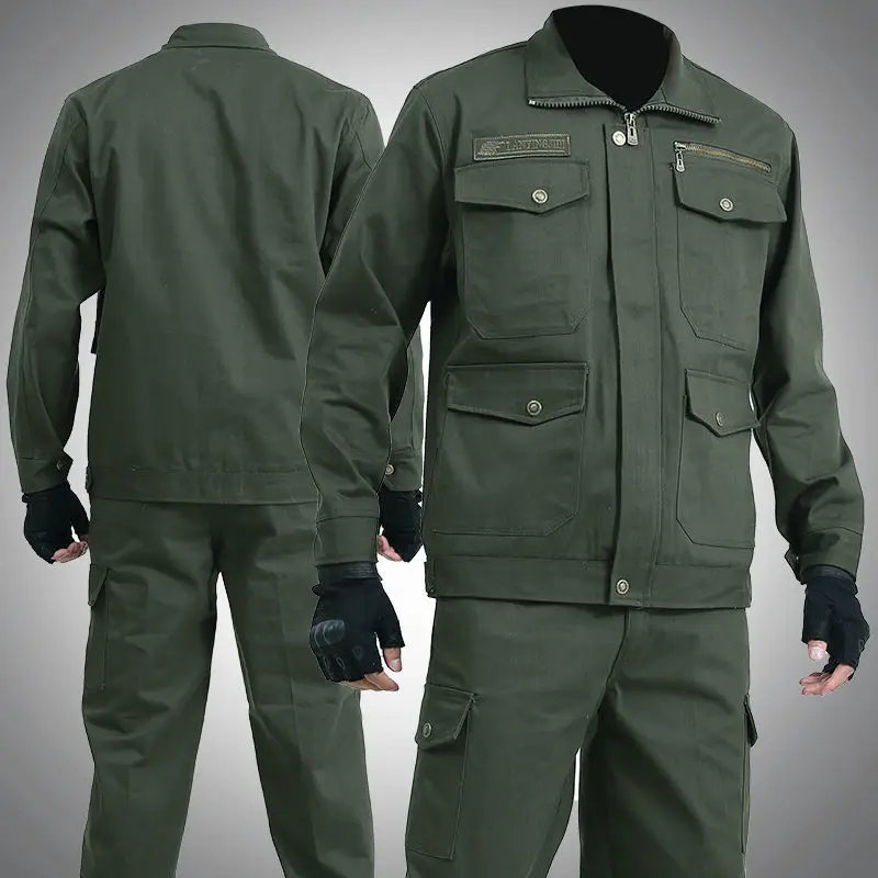 

Комплект рабочей одежды из чистого хлопка для мужчин: весенне-осенний, износостойкий, для строительных работ, защитный костюм, цельный.