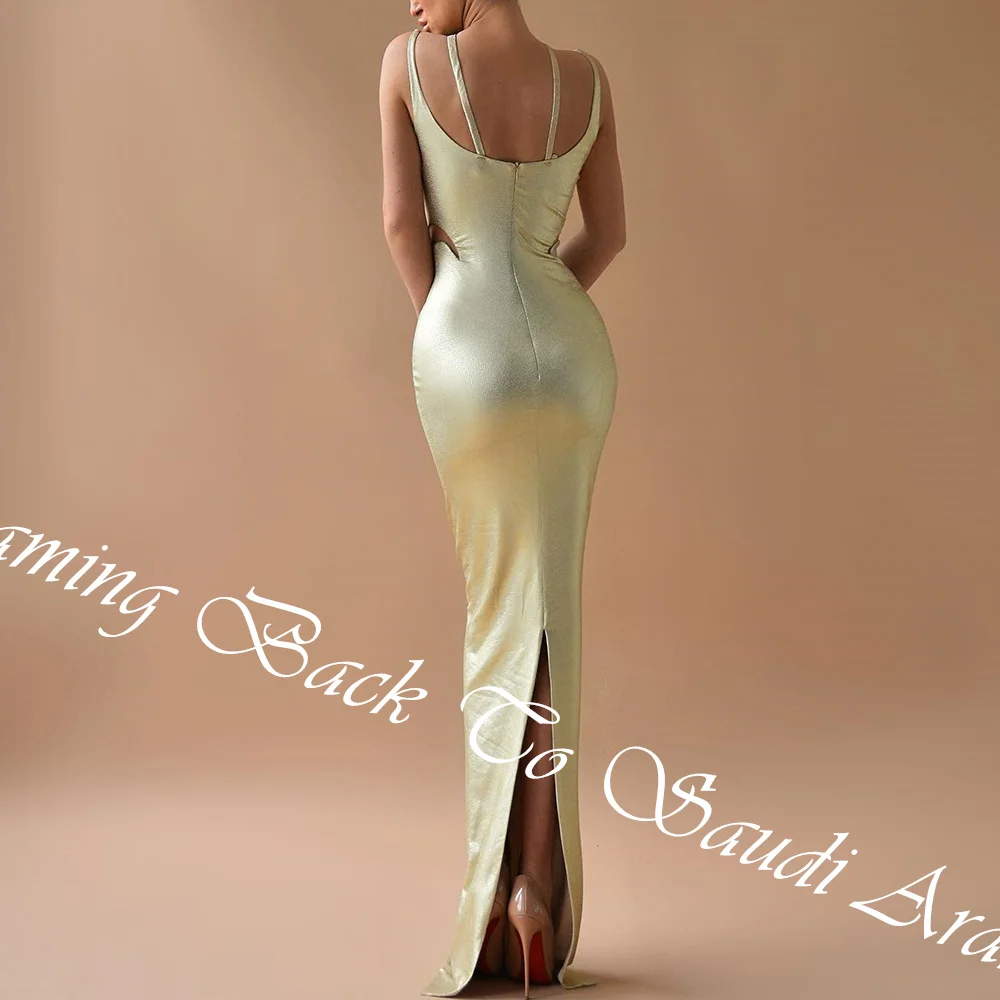 customized Customized Sexy Pleat Halter Floor Length Back Slit Straight Vestidos De Fiesta Satin Spaghetti Straps Vestidos Para