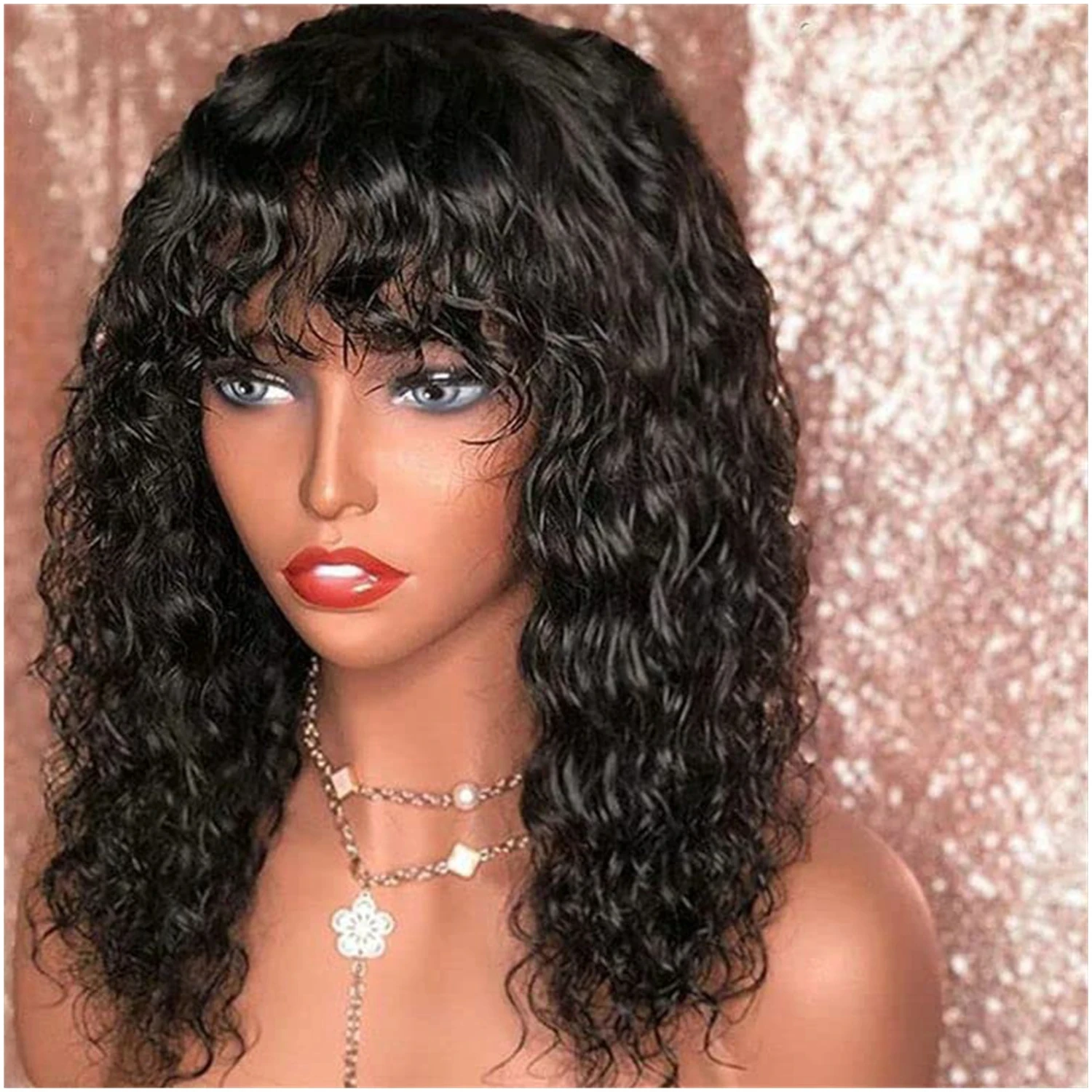 

Long Water Wave Human Hair Wigs With Bangs 180% Density Jerry Curly Glueless Wig Highlight Honey Water Wave Wigs Natural Black