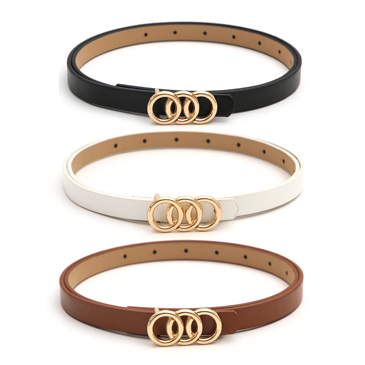 3pcs Women's Golden Styling Buckle Black, White And Brown Versatile Romantic Casual Thin Belt Universal For All Seasons