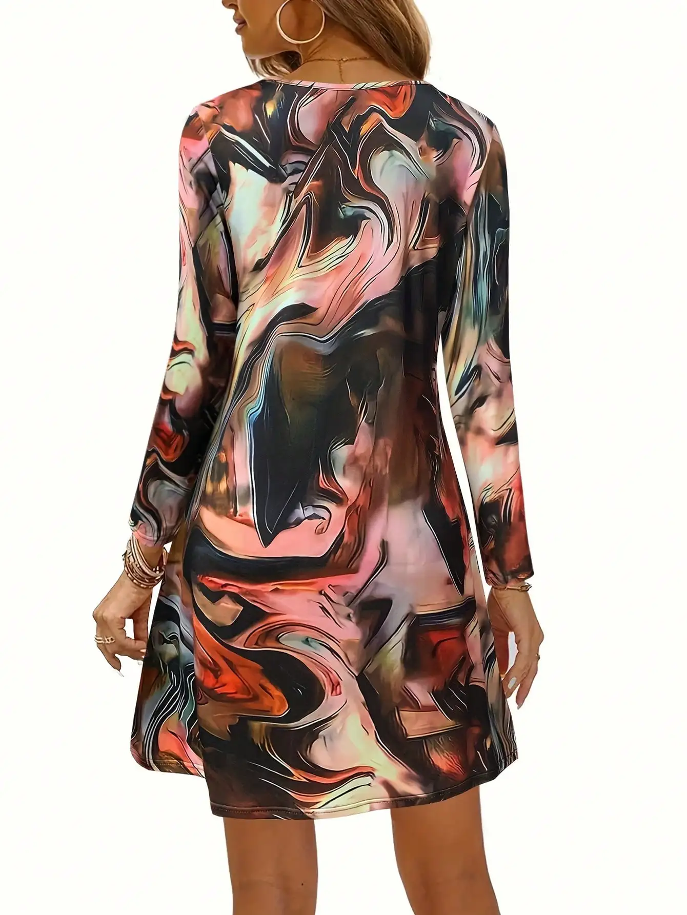 New Graphic Print Pattern Long Sleeve Dress For Women, Autumn/Winter,Women's Custom V-Neck Long Sleeve Dress,Casual Fall Dress