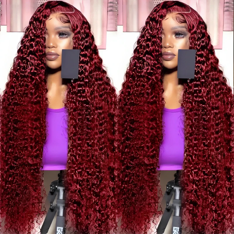 

HD 99J Burgundy 13x6 Deep Wave Lace Front Wig Water Wave Human Hair 13x4 HD Lace Frontal Curly Wigs For Women 30 40 Inch