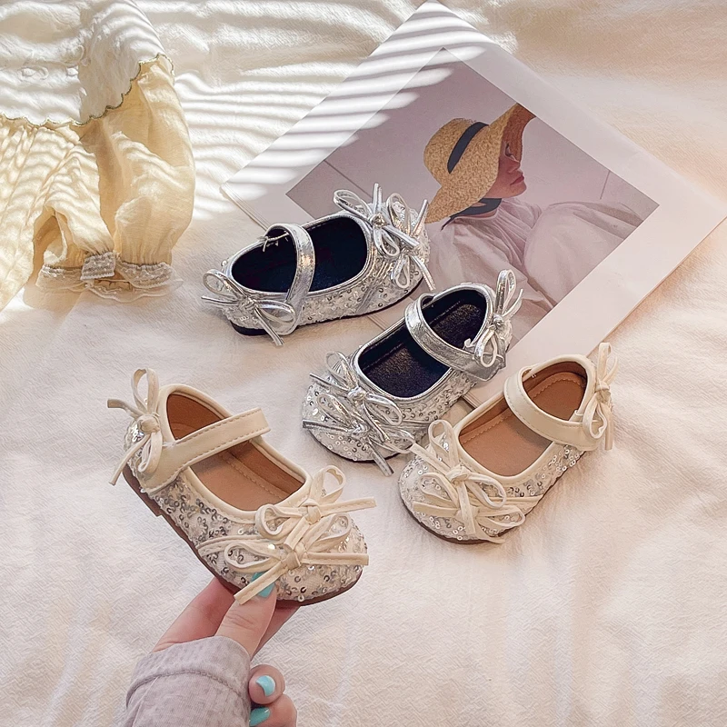 

Girls' Sequins Flat Shoes Bowknot Toddlers Causal Shoes Children's Fashion Wedding Party Kids Princess Walking Leather Shoes