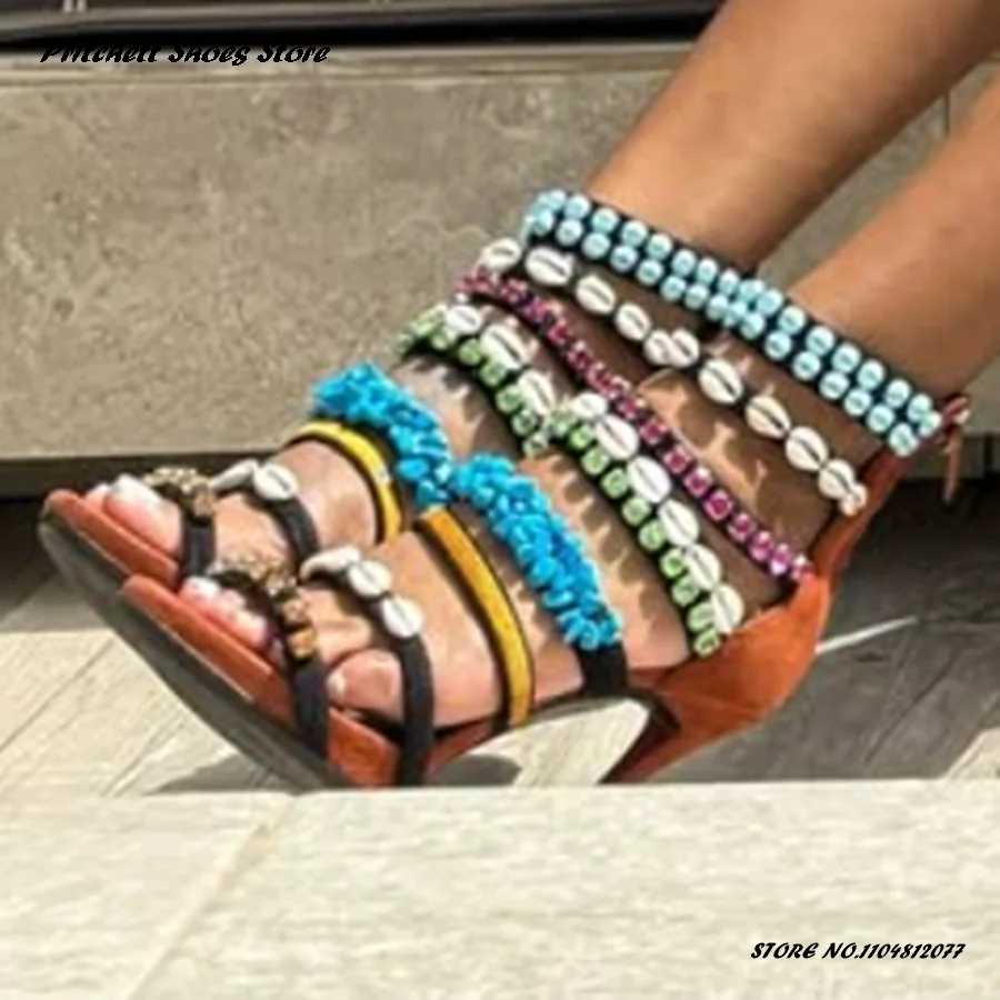 Sandali moderni da donna con conchiglia e cristallo Sandali alla moda con punta a punta e cerniera posteriore Tacchi a spillo Stile bohémien Scarpe da sera estive con data