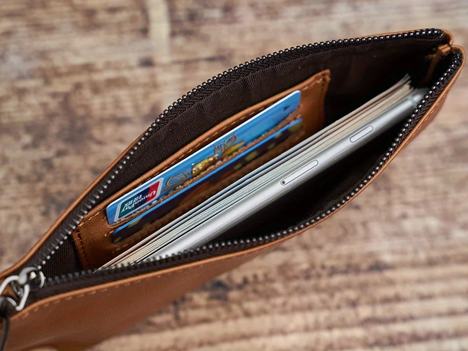 ZRCX Herren-Geldbörse aus echtem Leder mit langem Reißverschluss, erste Schicht aus Rindsleder, ultradünne Jugend-Handtaschen-Geldbörse, trendige Marke, einfache Geldbörse – Detail 11