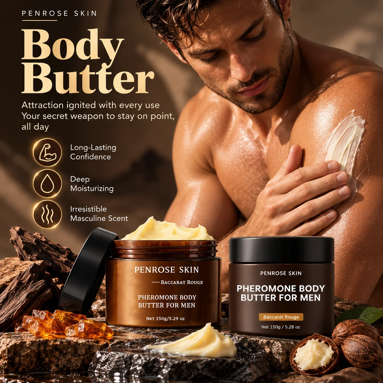150g PENROSE SKIN Pheromone Body Butter for Men Long Lasting Rouge Scent Shea Butter Jojoba Oil Moisturize Nourishing Body Cream