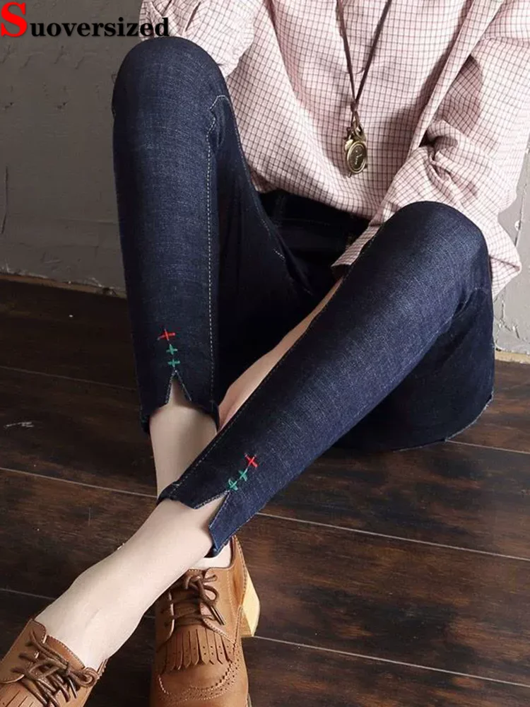 

Винтажные джинсы до щиколотки с высокой талией, уличная одежда, женские узкие корейские джинсовые брюки, облегающие модные прямые брюки в стиле ретро