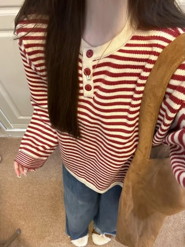 Koreański sweter damski w paski, długi, okrągły dekolt, miękki, luźny, dzianinowy, na jesień i zimę, typu oversize, T-i...