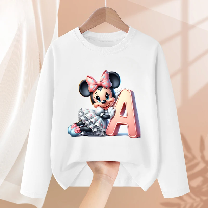 Minnie Disney Girl Baby Long T-shirt Children Letter A-Z Long-sleeved Tops Clothing Kids Bottoming Shirt Cartoon Crewneck Blouse